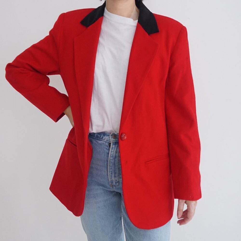 Vintage Sag Harbor Red 100% Wool w Black Collar Single Button Blazer Size 10